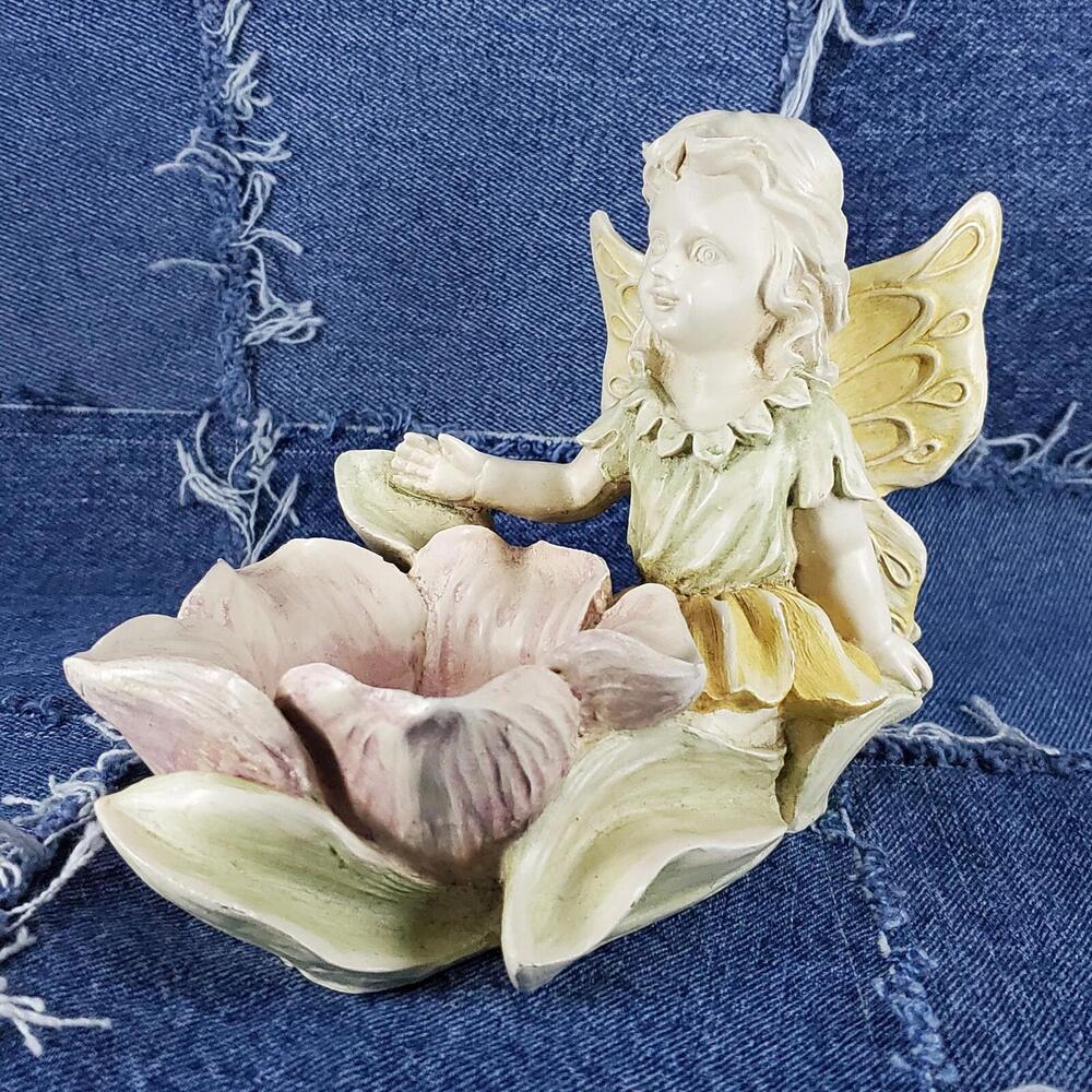 Fairy Figurine‎ with Pink Flower Bowl Pastel Cottagecore Whimsical Decor